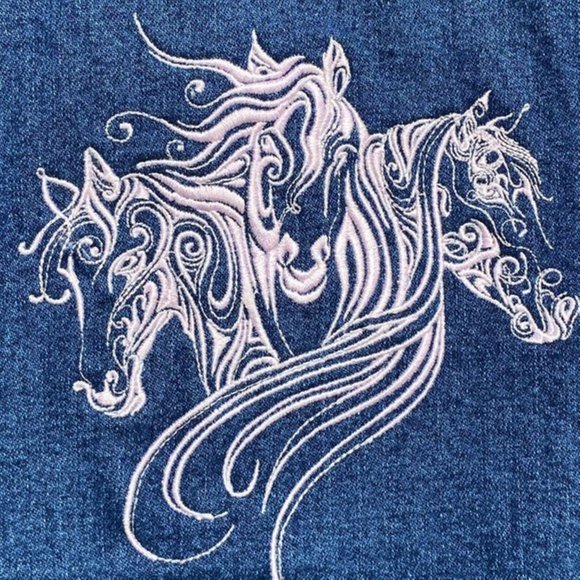 Shelly & Arnold Western Denim Jean Vest SZ S Custom Embroidered Horses Heads - Picture 4 of 6